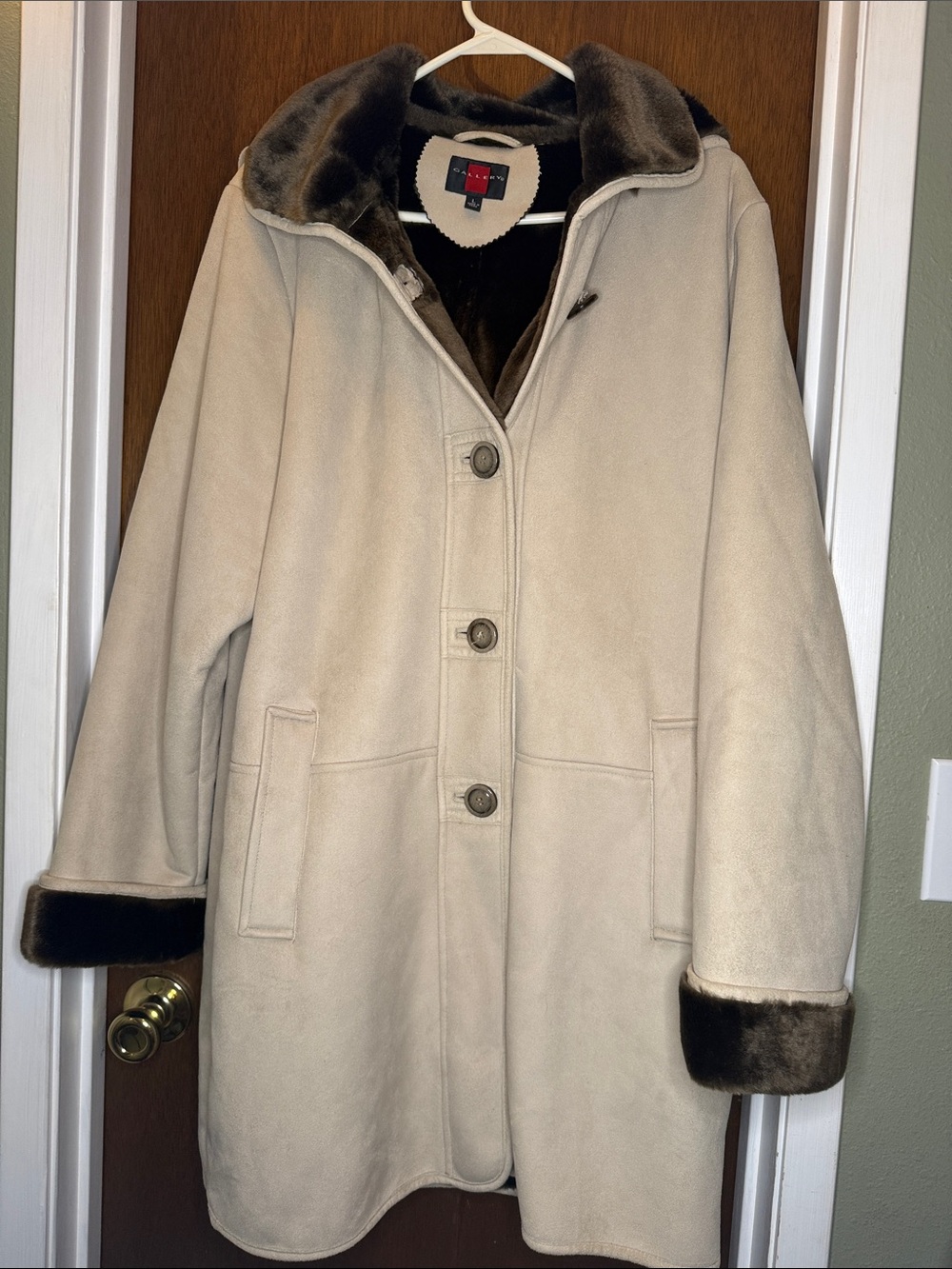 Gallery Cream Trench Coat with Dark Brown Faux-Shearling Trim
